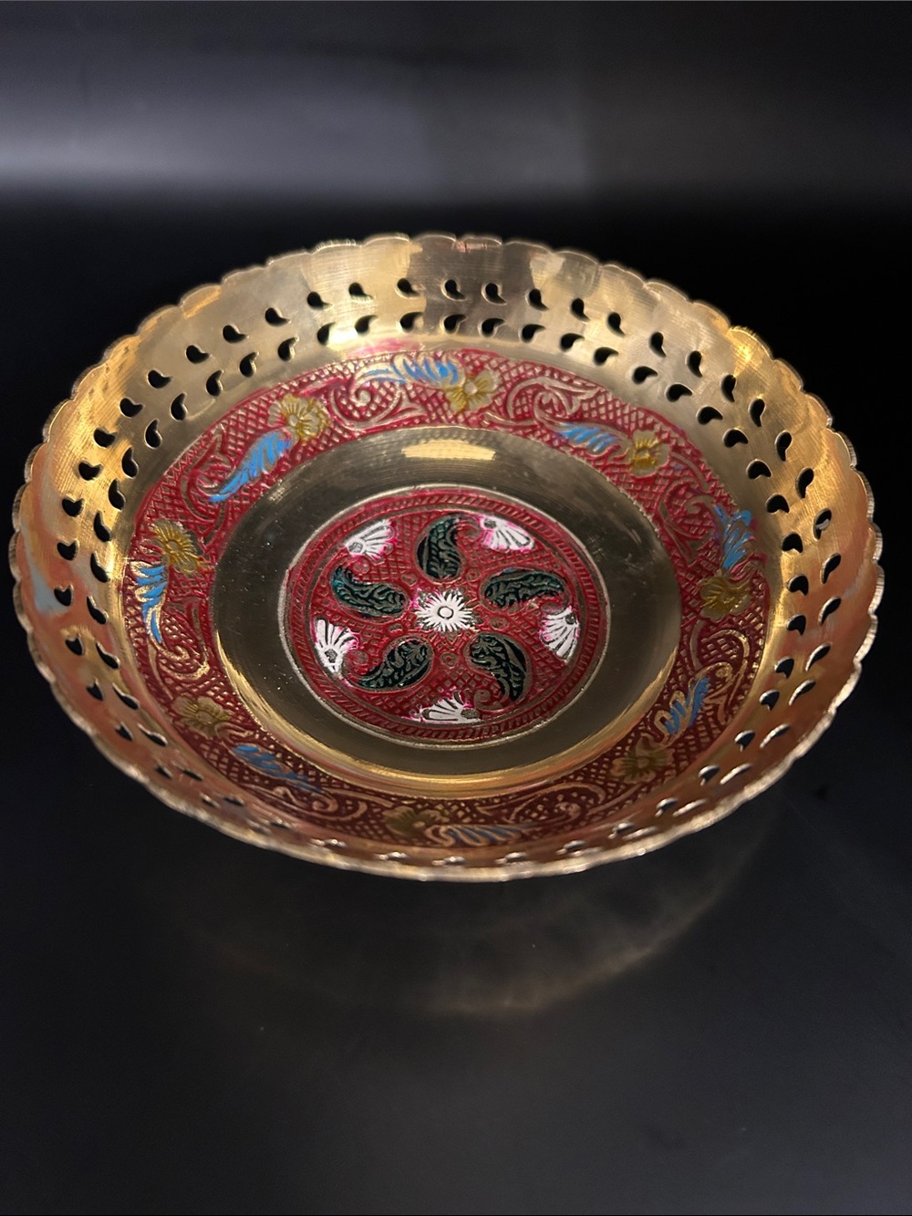 Vintage Indian Brass Enameled Reticulated Trinket Bowl Scalloped Pierced Edge